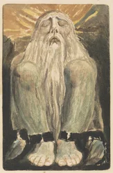 Ein nackter Mann mit langem weißen Bart sitzt auf dem Boden mit angezogenen Knien und geschlossenen Augen, Tafel 12 aus Das erste Buch Urizen